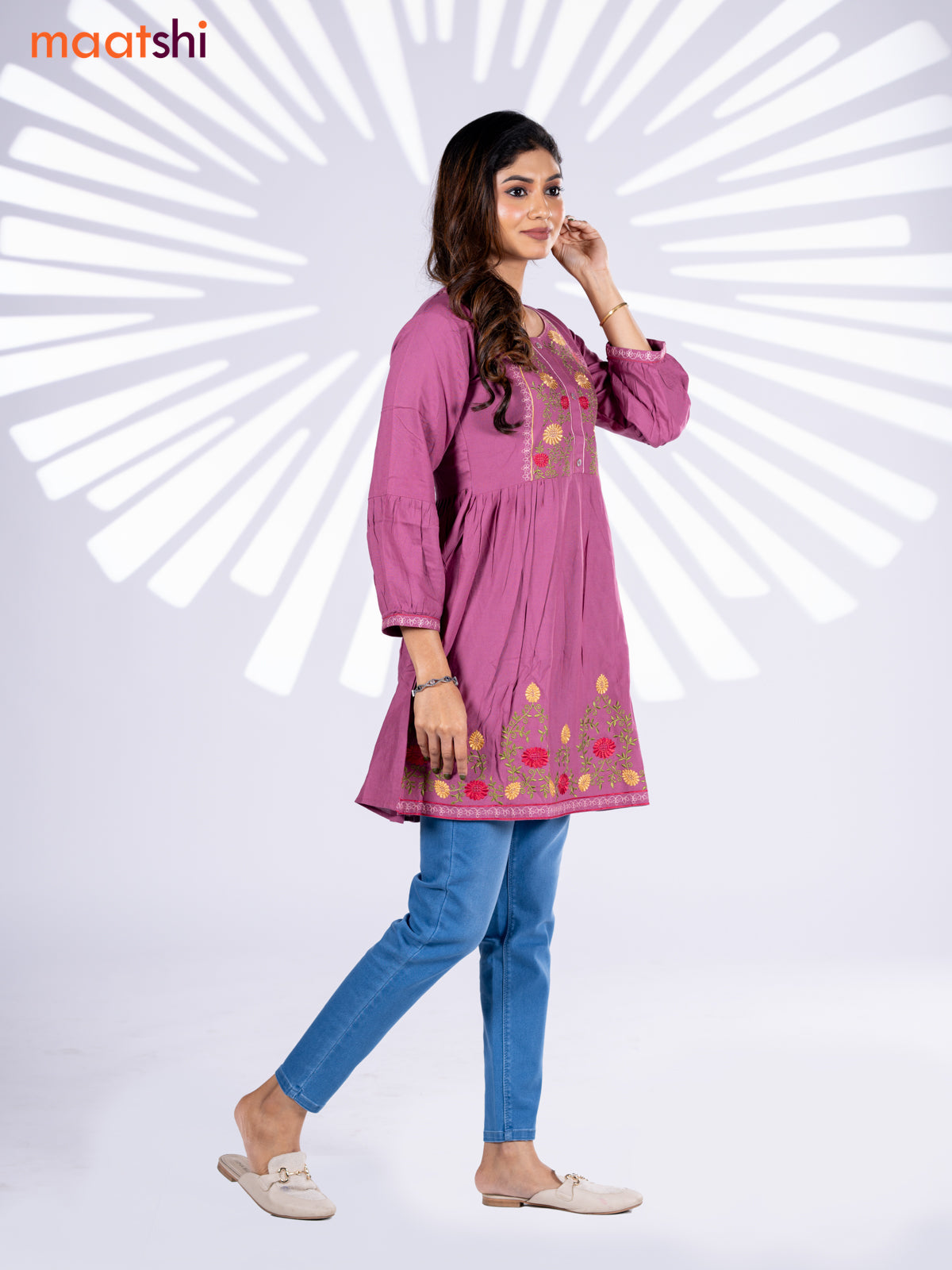 Cotton umbrella short kurti onion pink with plain body & embroidery work neck pattern and without pant