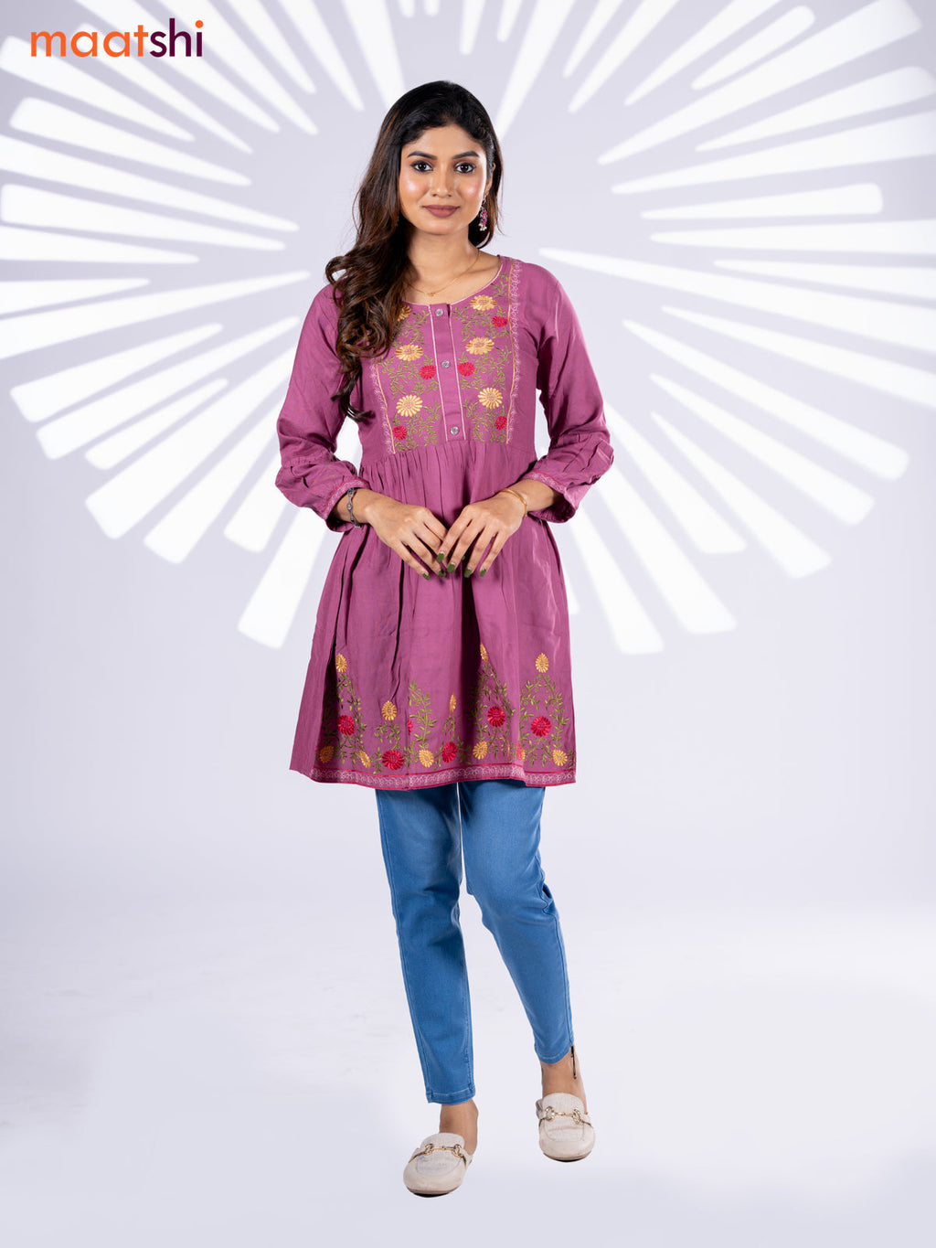 Cotton umbrella short kurti onion pink with plain body & embroidery work neck pattern and without pant