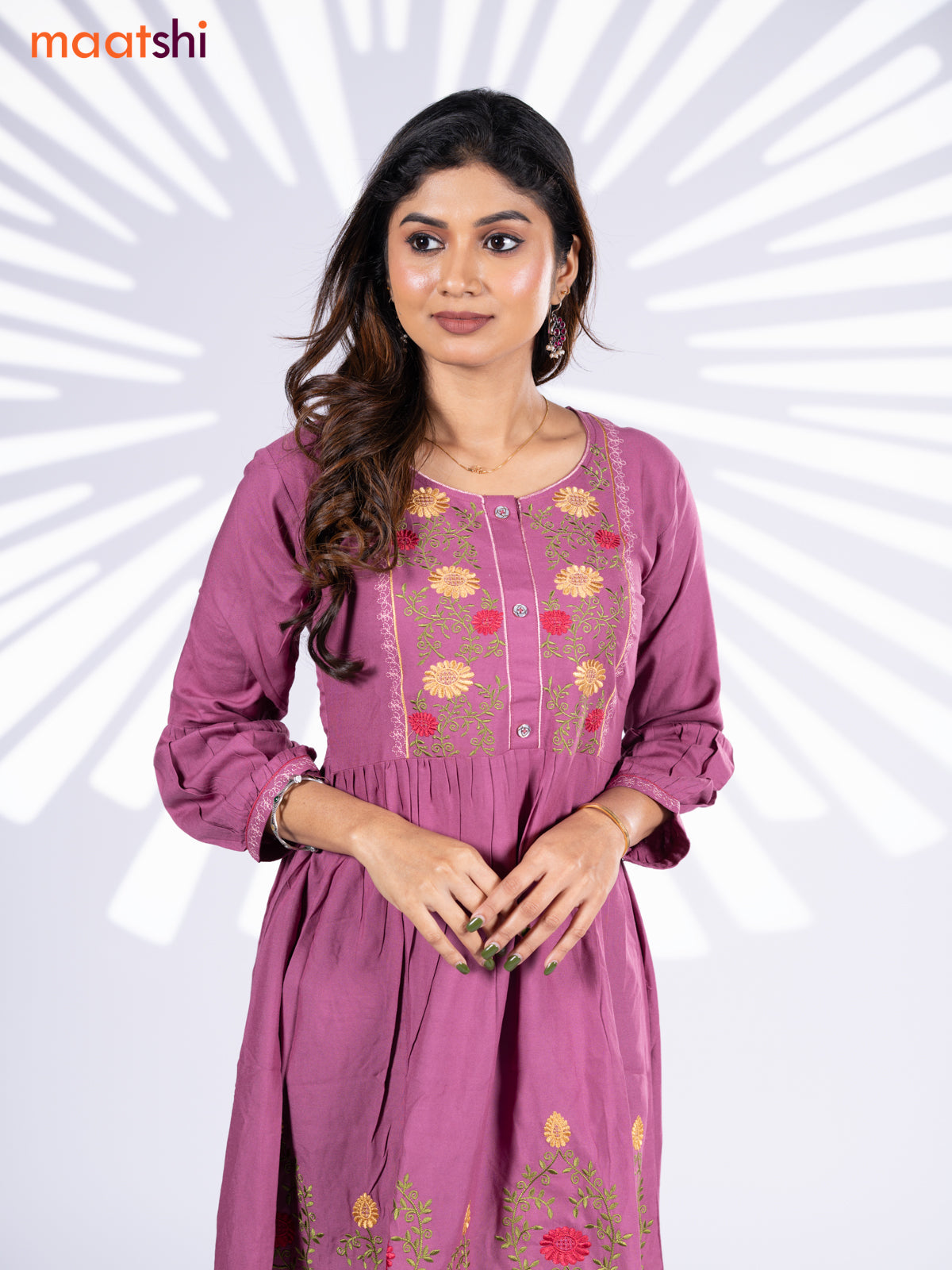 Cotton umbrella short kurti onion pink with plain body & embroidery work neck pattern and without pant