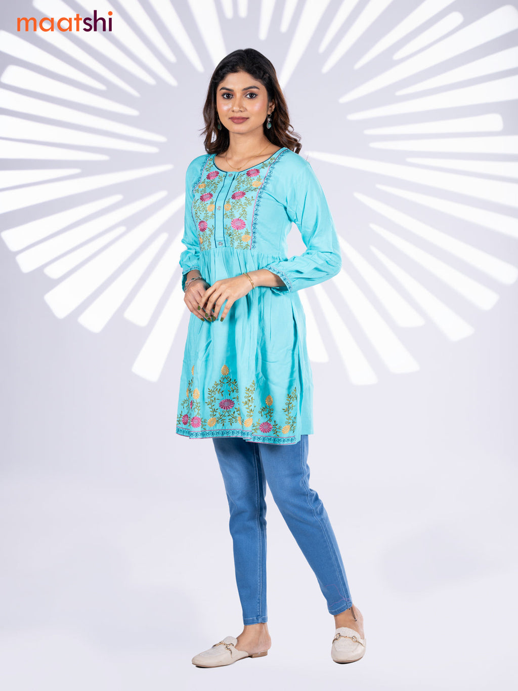 Cotton umbrella short kurti teal blue with plain body & embroidery work neck pattern and without pant