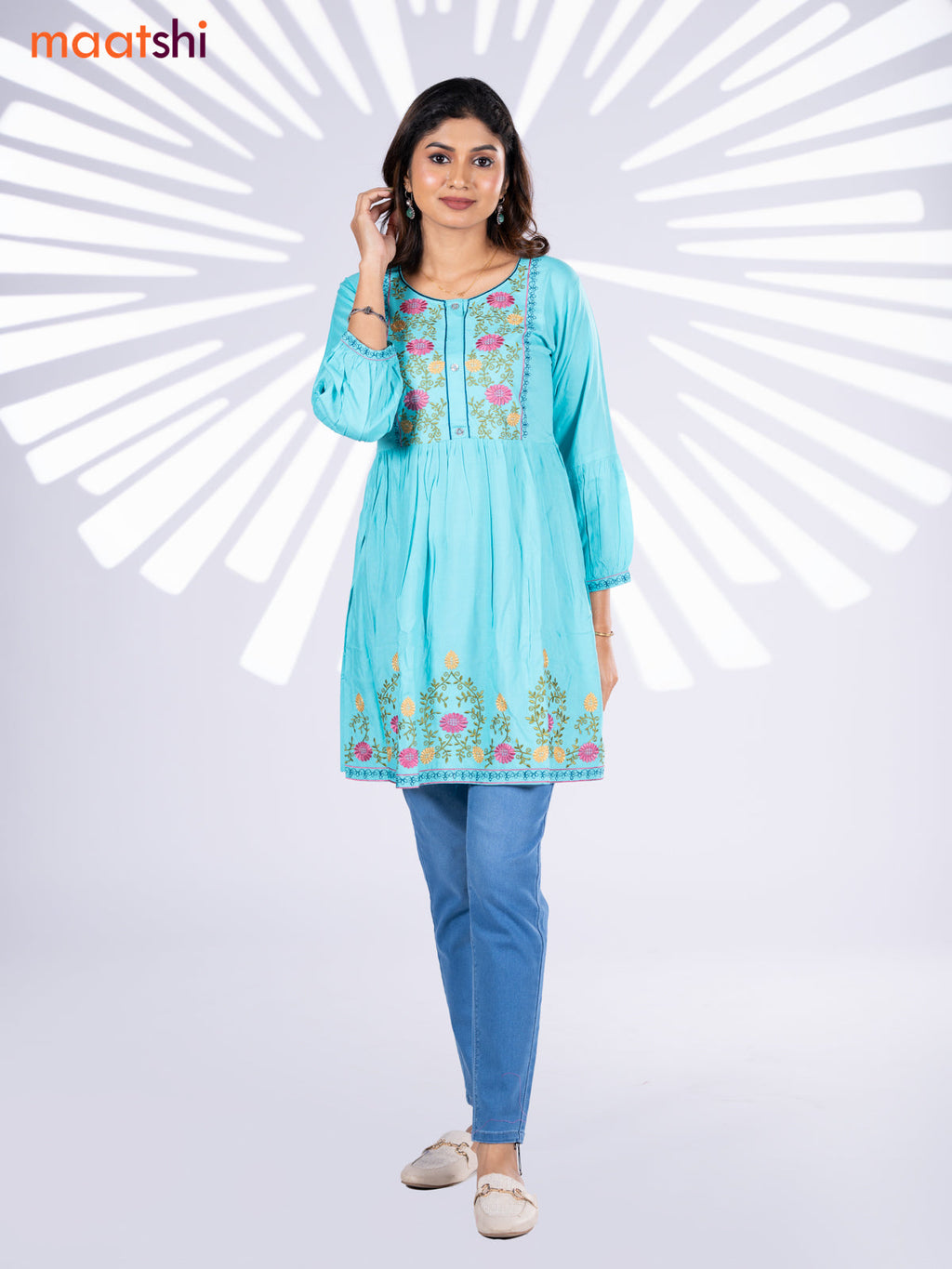 Cotton umbrella short kurti teal blue with plain body & embroidery work neck pattern and without pant