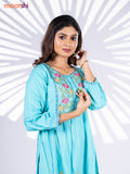 Cotton umbrella short kurti teal blue with plain body & embroidery work neck pattern and without pant