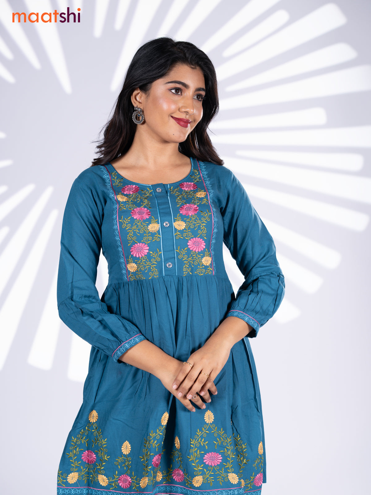 Cotton umbrella short kurti peacock blue with plain body & embroidery work neck pattern and without pant