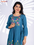 Cotton umbrella short kurti peacock blue with plain body & embroidery work neck pattern and without pant