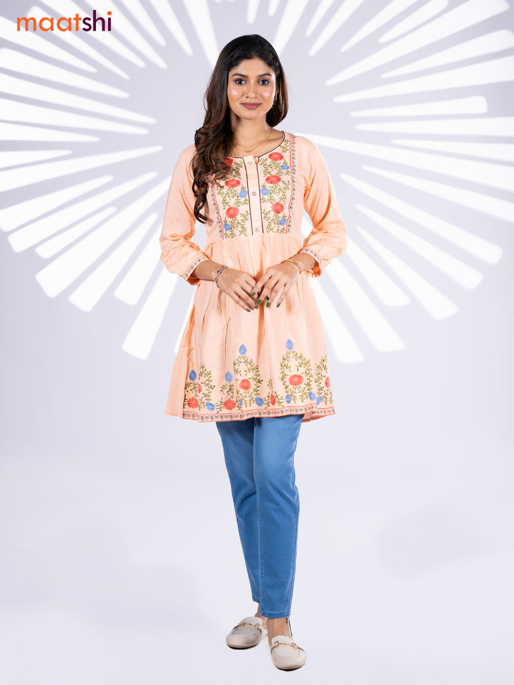 Cotton umbrella short kurti peach orange with plain body & embroidery work neck pattern and without pant