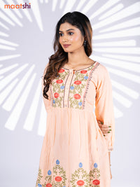 Cotton umbrella short kurti peach orange with plain body & embroidery work neck pattern and without pant
