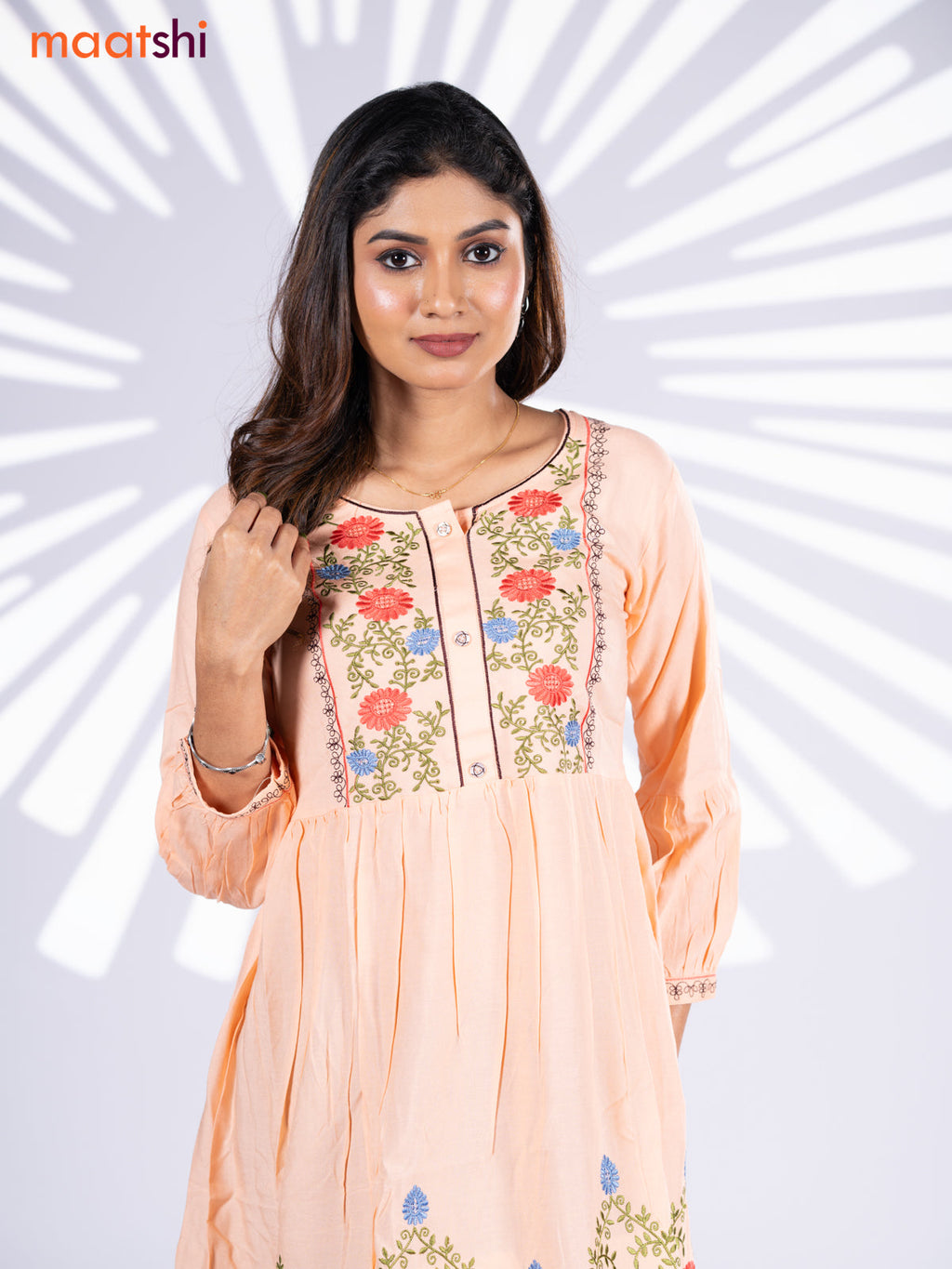 Cotton umbrella short kurti peach orange with plain body & embroidery work neck pattern and without pant