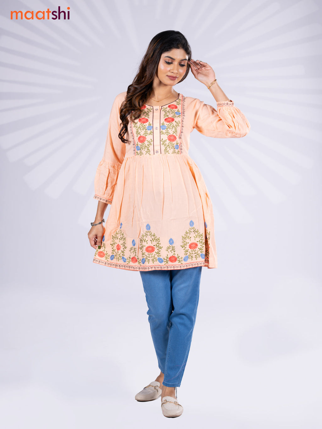 Cotton umbrella short kurti peach orange with plain body & embroidery work neck pattern and without pant
