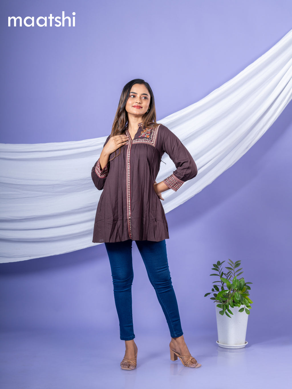 Cotton short kurti deep coffee brown with plain body & embroidery work collar neck pattern and without pant