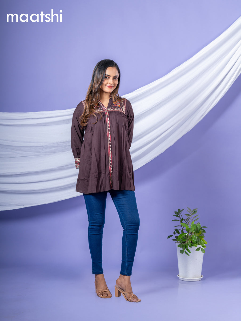 Cotton short kurti deep coffee brown with plain body & embroidery work collar neck pattern and without pant
