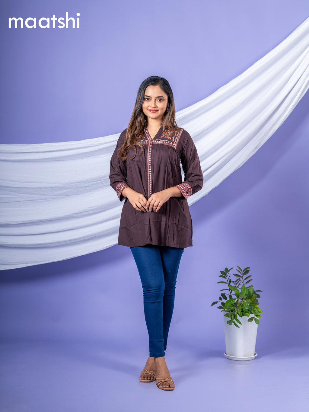 Cotton short kurti deep coffee brown with plain body & embroidery work collar neck pattern and without pant