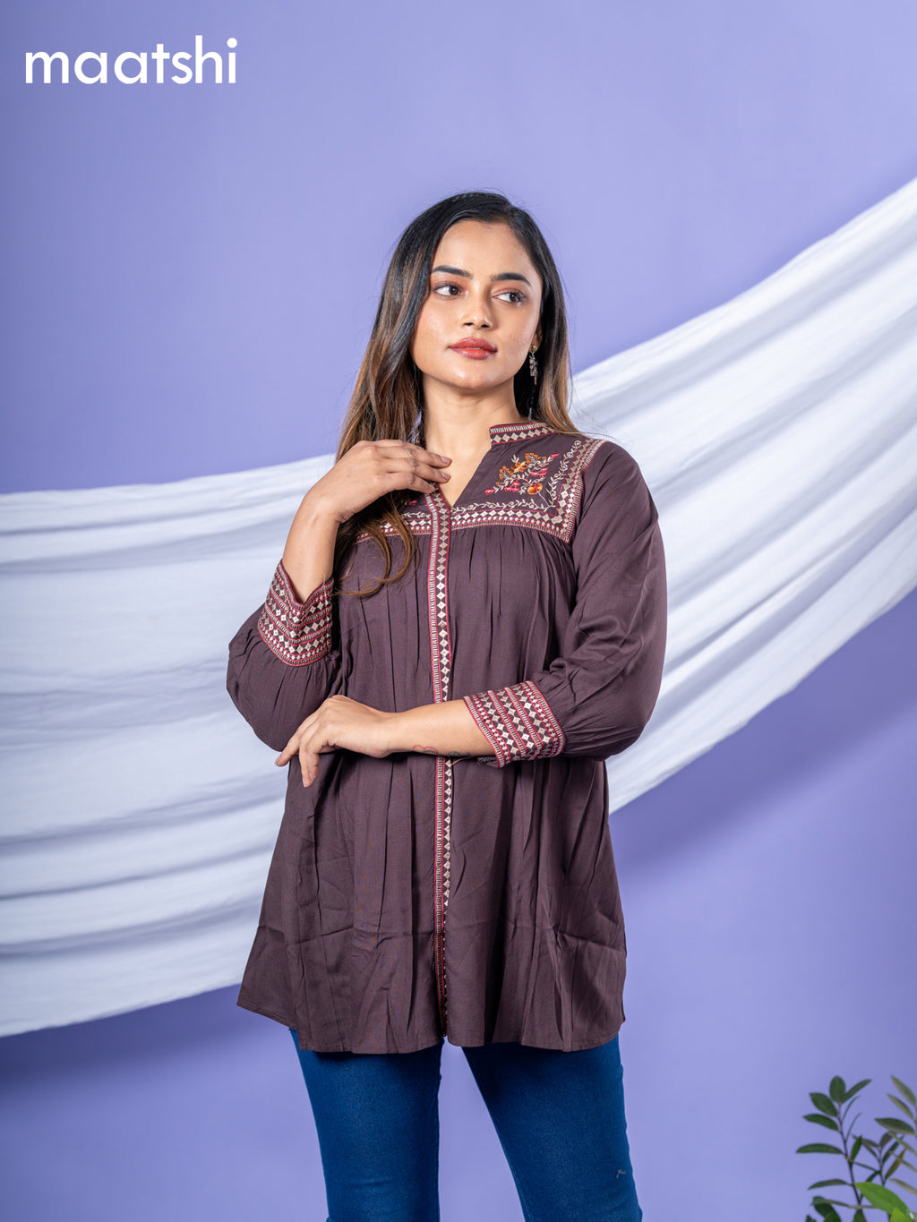 Cotton short kurti deep coffee brown with plain body & embroidery work collar neck pattern and without pant