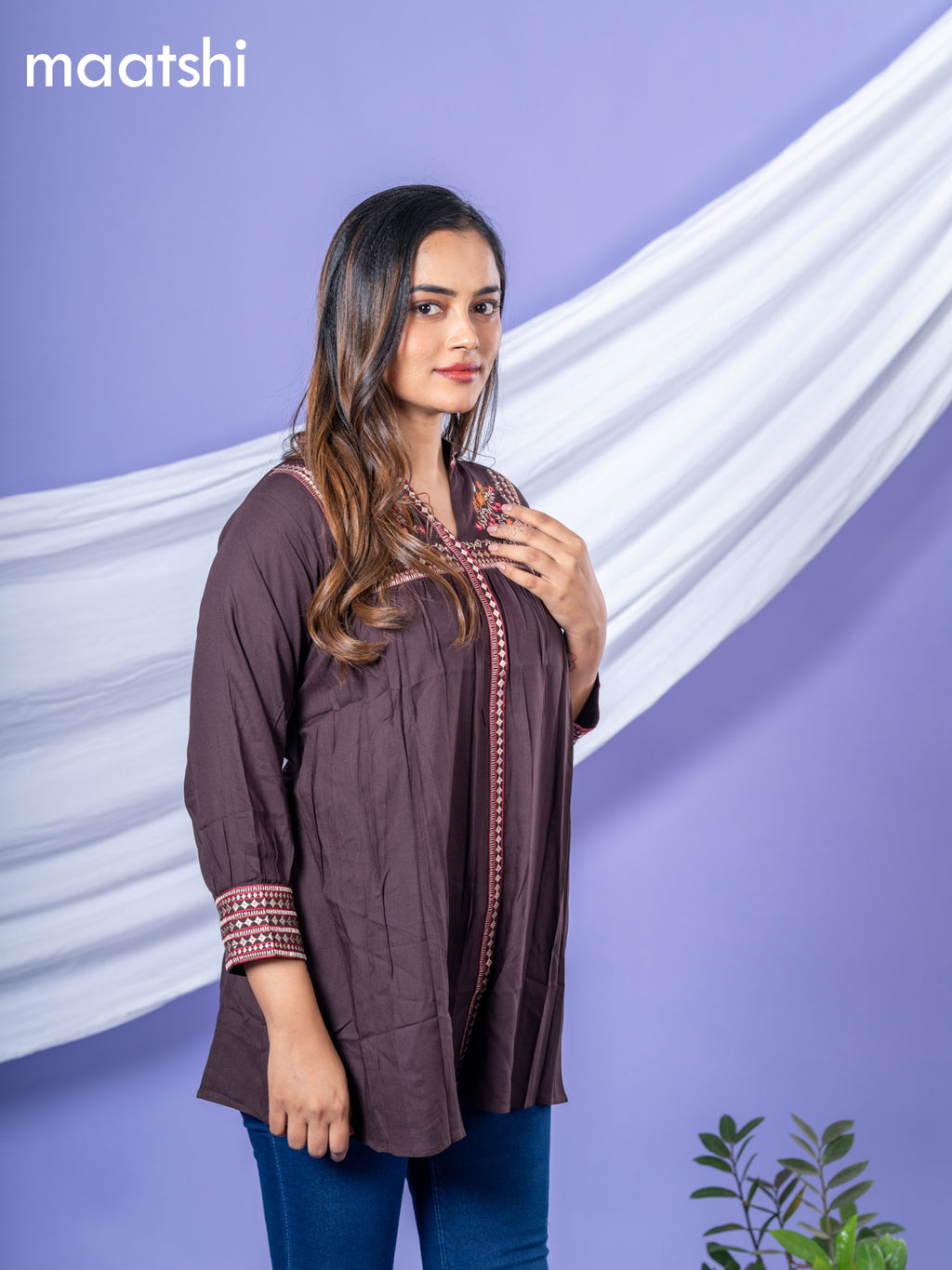Cotton short kurti deep coffee brown with plain body & embroidery work collar neck pattern and without pant