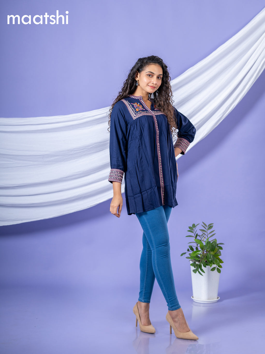 Cotton short kurti navy blue with plain body & embroidery work collar neck pattern and without pant
