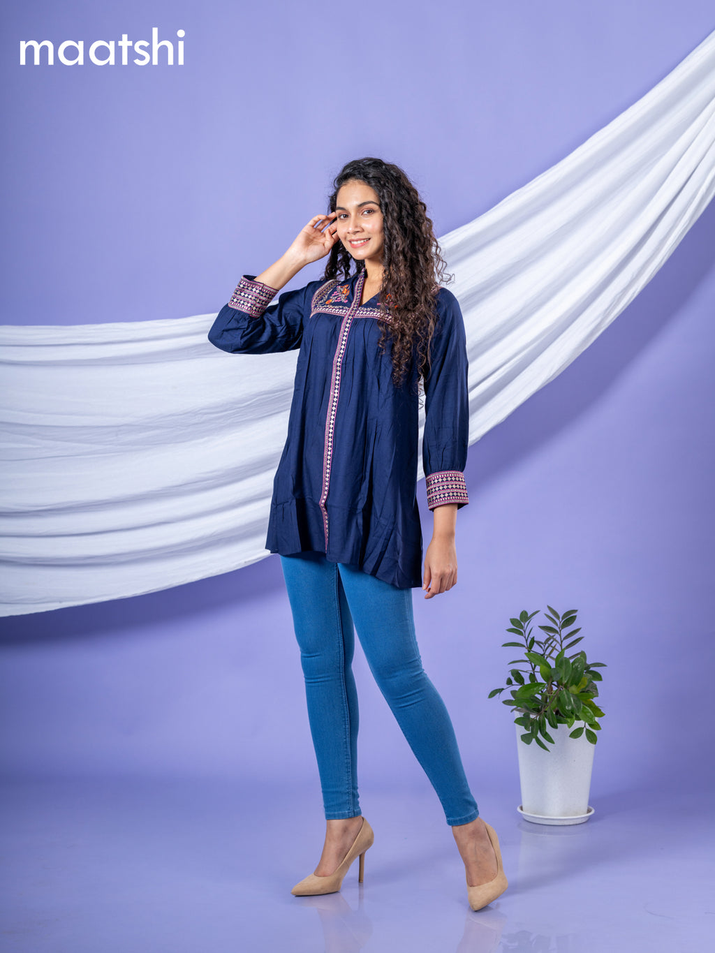 Cotton short kurti navy blue with plain body & embroidery work collar neck pattern and without pant