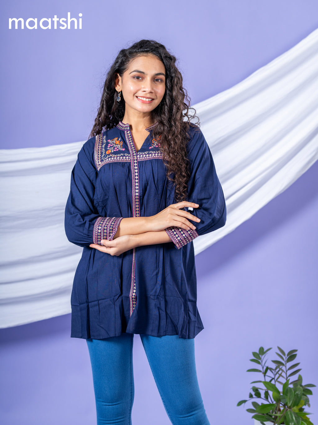 Cotton short kurti navy blue with plain body & embroidery work collar neck pattern and without pant