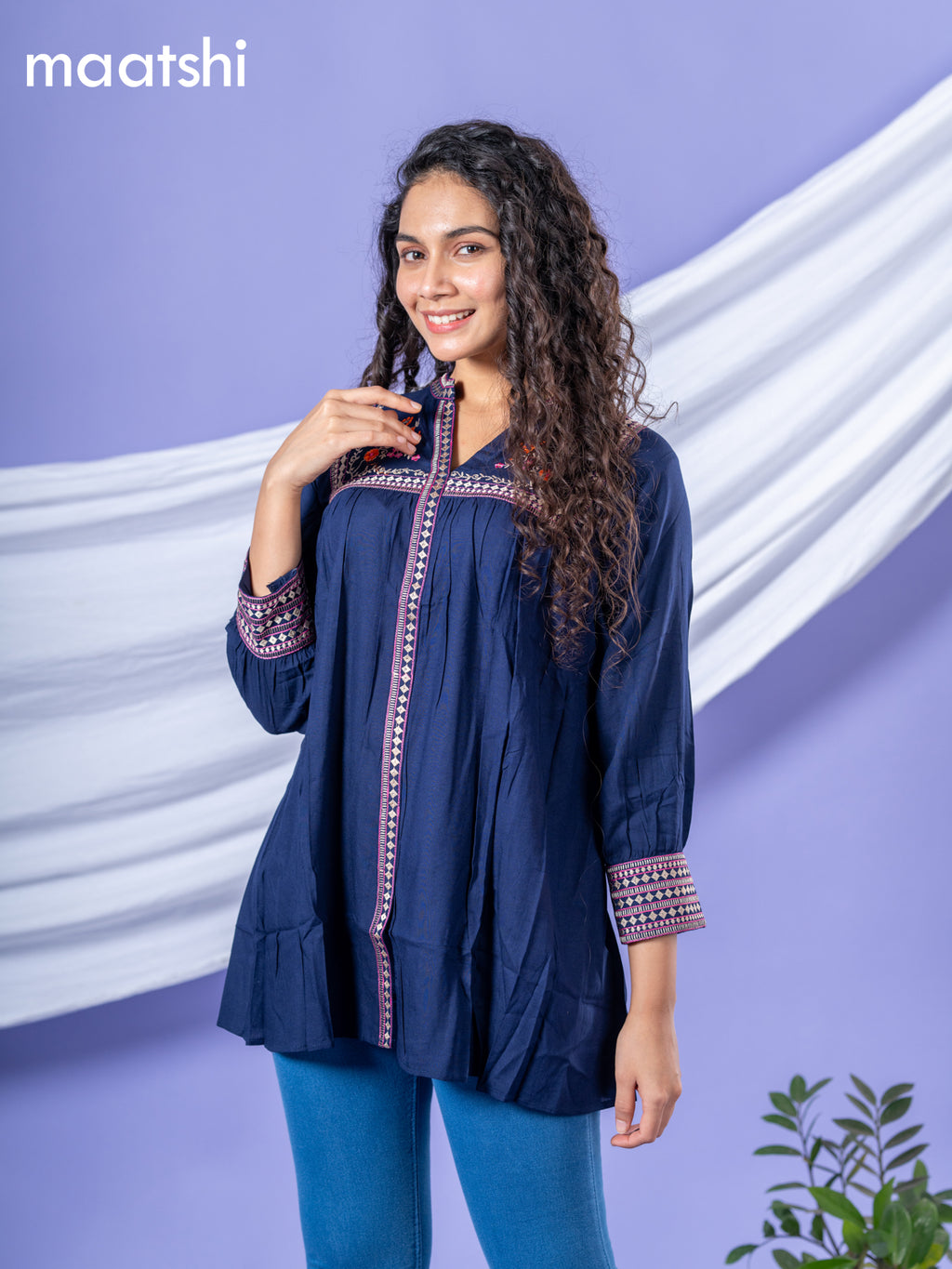 Cotton short kurti navy blue with plain body & embroidery work collar neck pattern and without pant