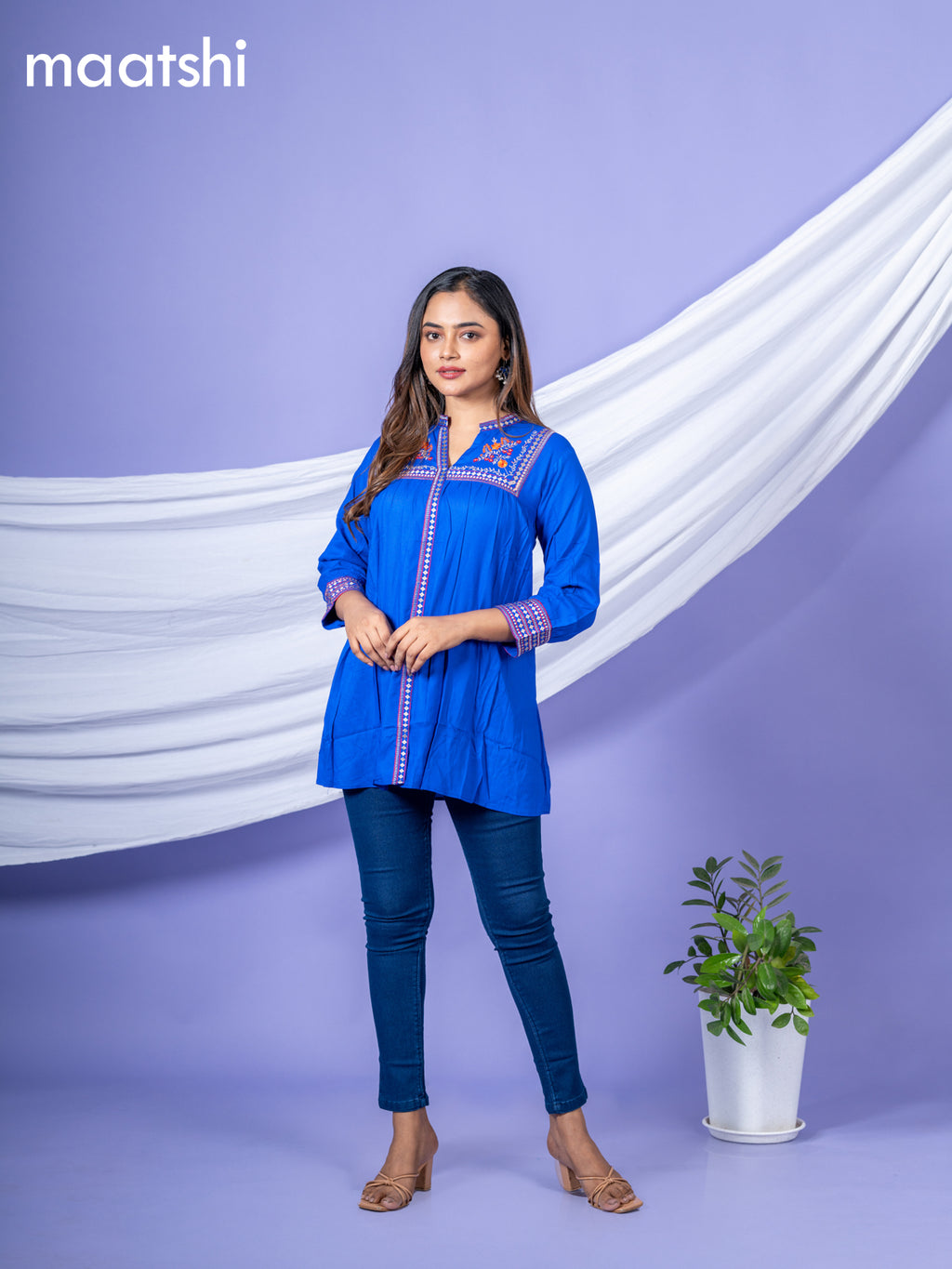 Cotton readymade short kurti royal blue with plain body & embroidery work collar neck pattern and without pant