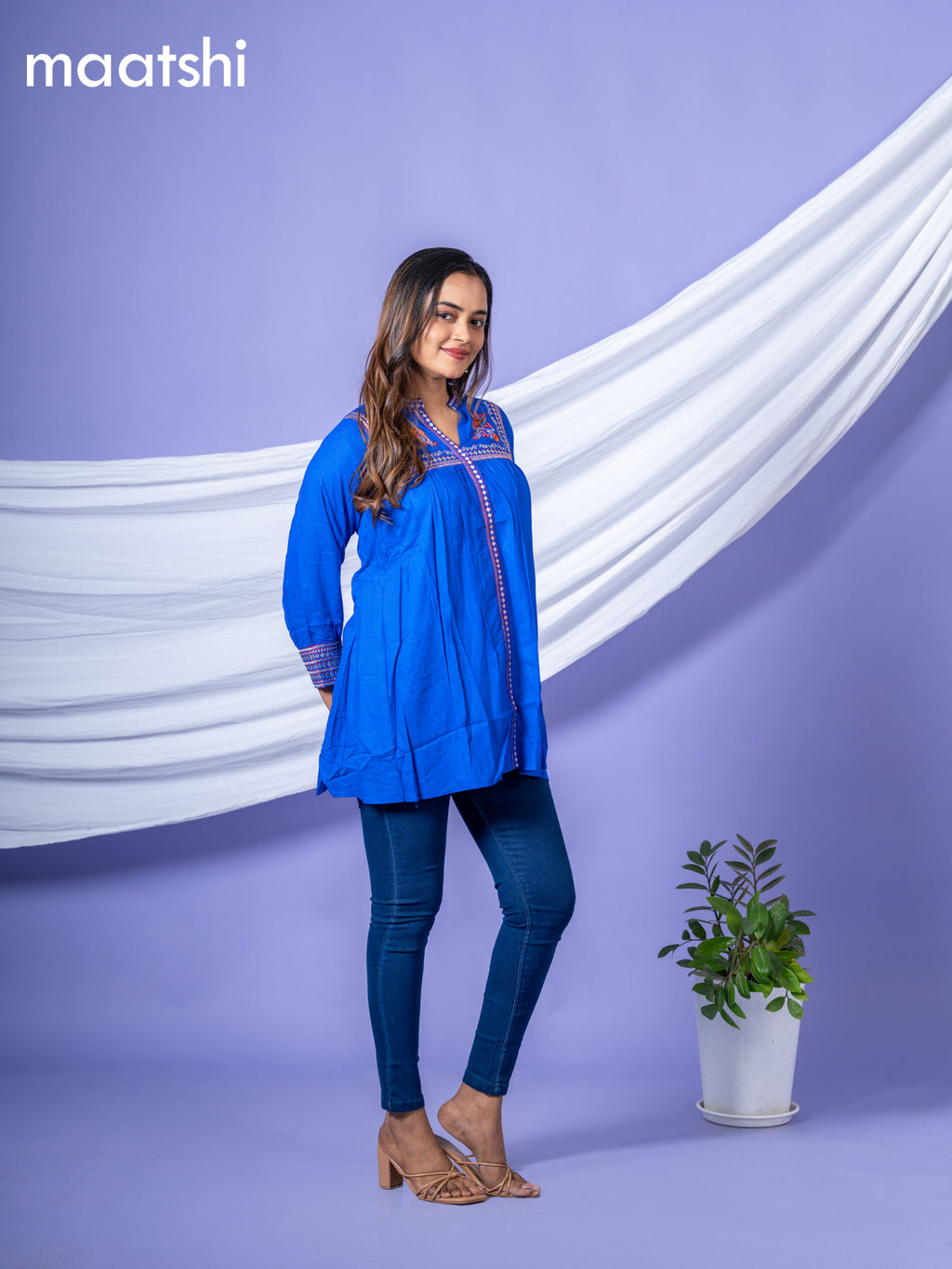 Cotton readymade short kurti royal blue with plain body & embroidery work collar neck pattern and without pant