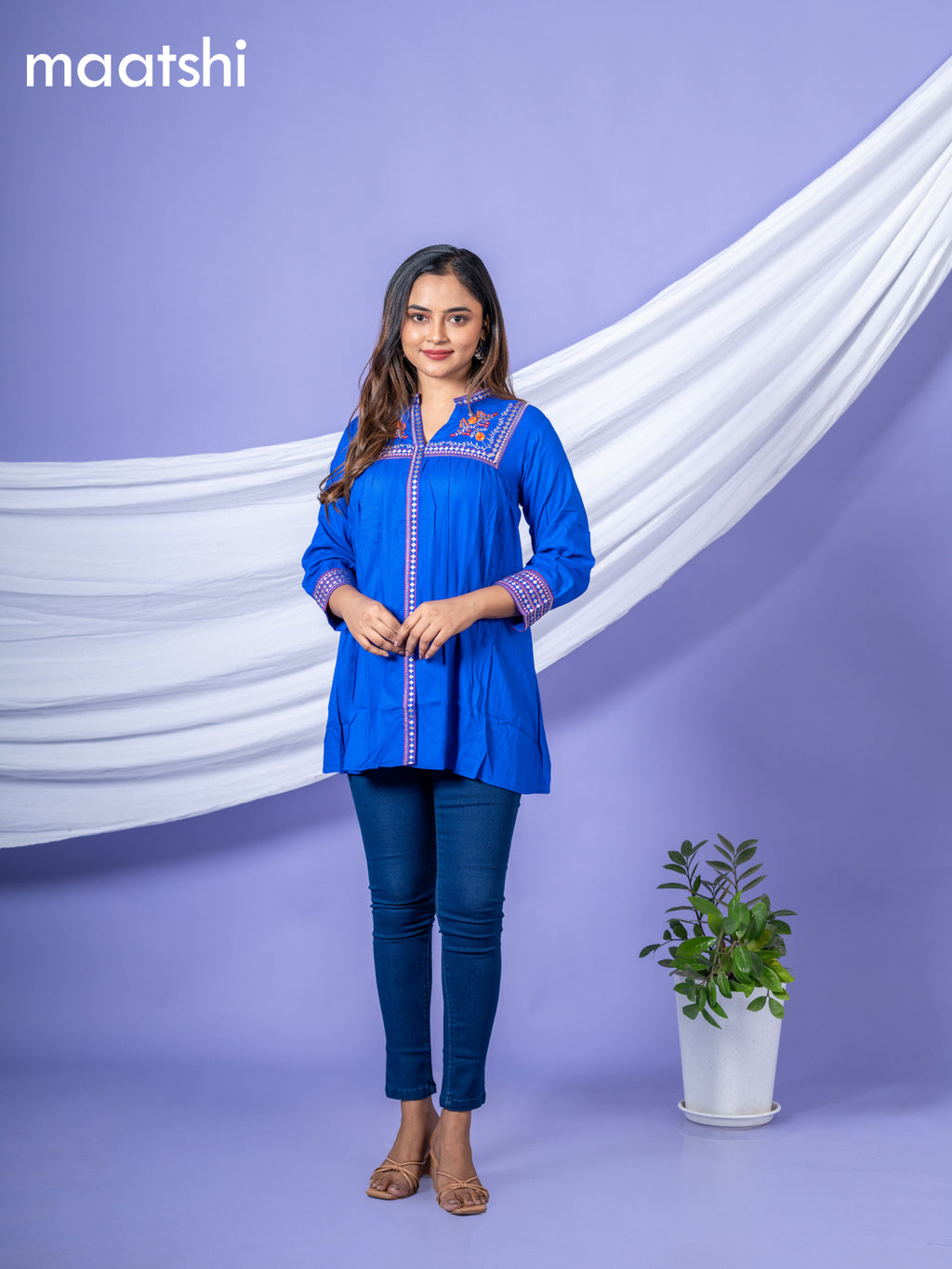 Cotton readymade short kurti royal blue with plain body & embroidery work collar neck pattern and without pant