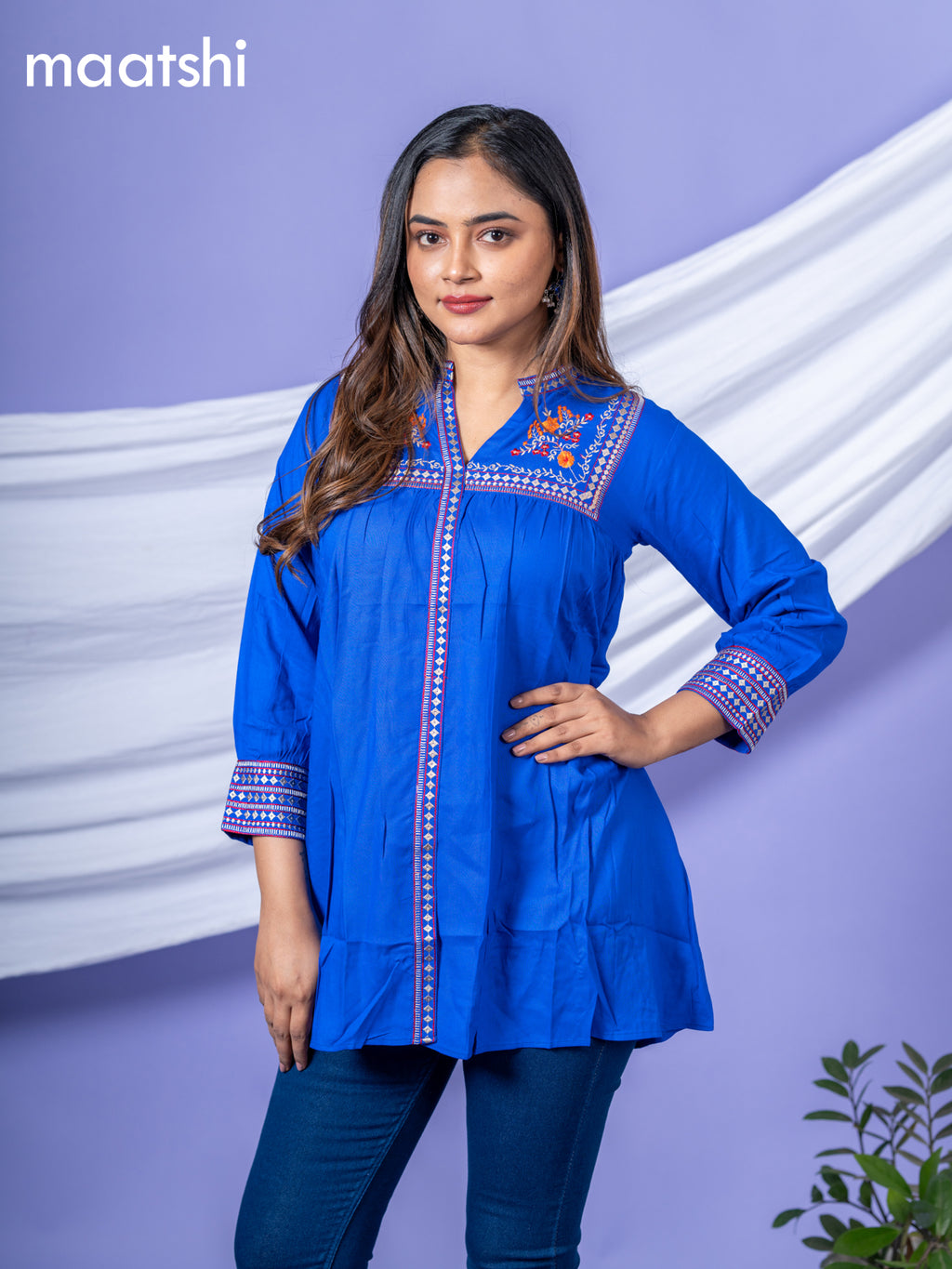 Cotton readymade short kurti royal blue with plain body & embroidery work collar neck pattern and without pant