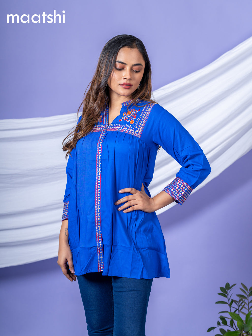 Cotton readymade short kurti royal blue with plain body & embroidery work collar neck pattern and without pant