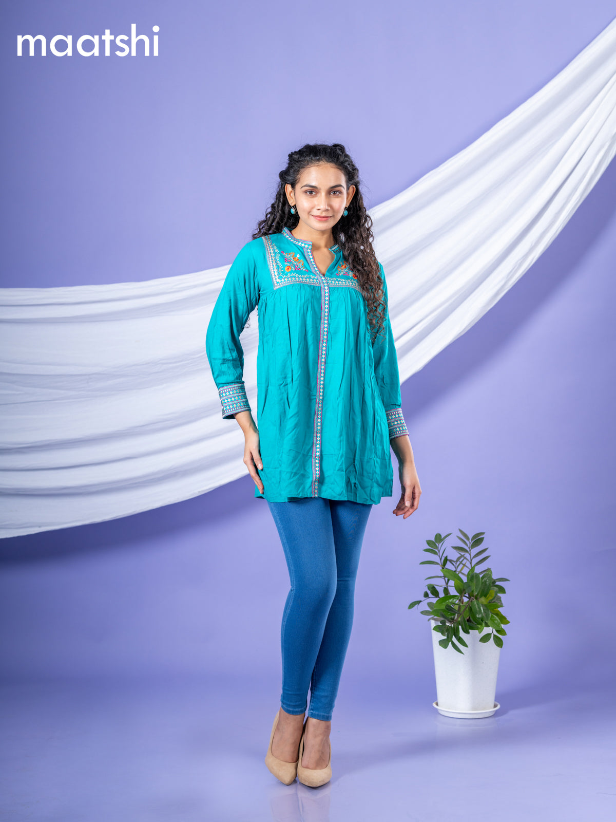 Cotton short kurti teal green with plain body & embroidery work collar neck pattern and without pant