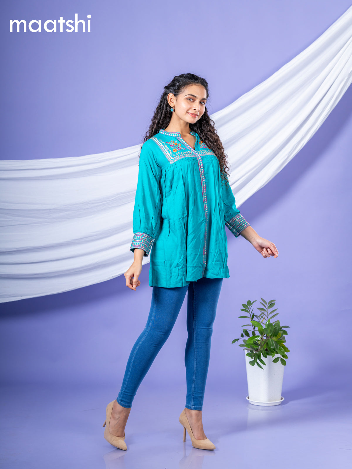 Cotton short kurti teal green with plain body & embroidery work collar neck pattern and without pant