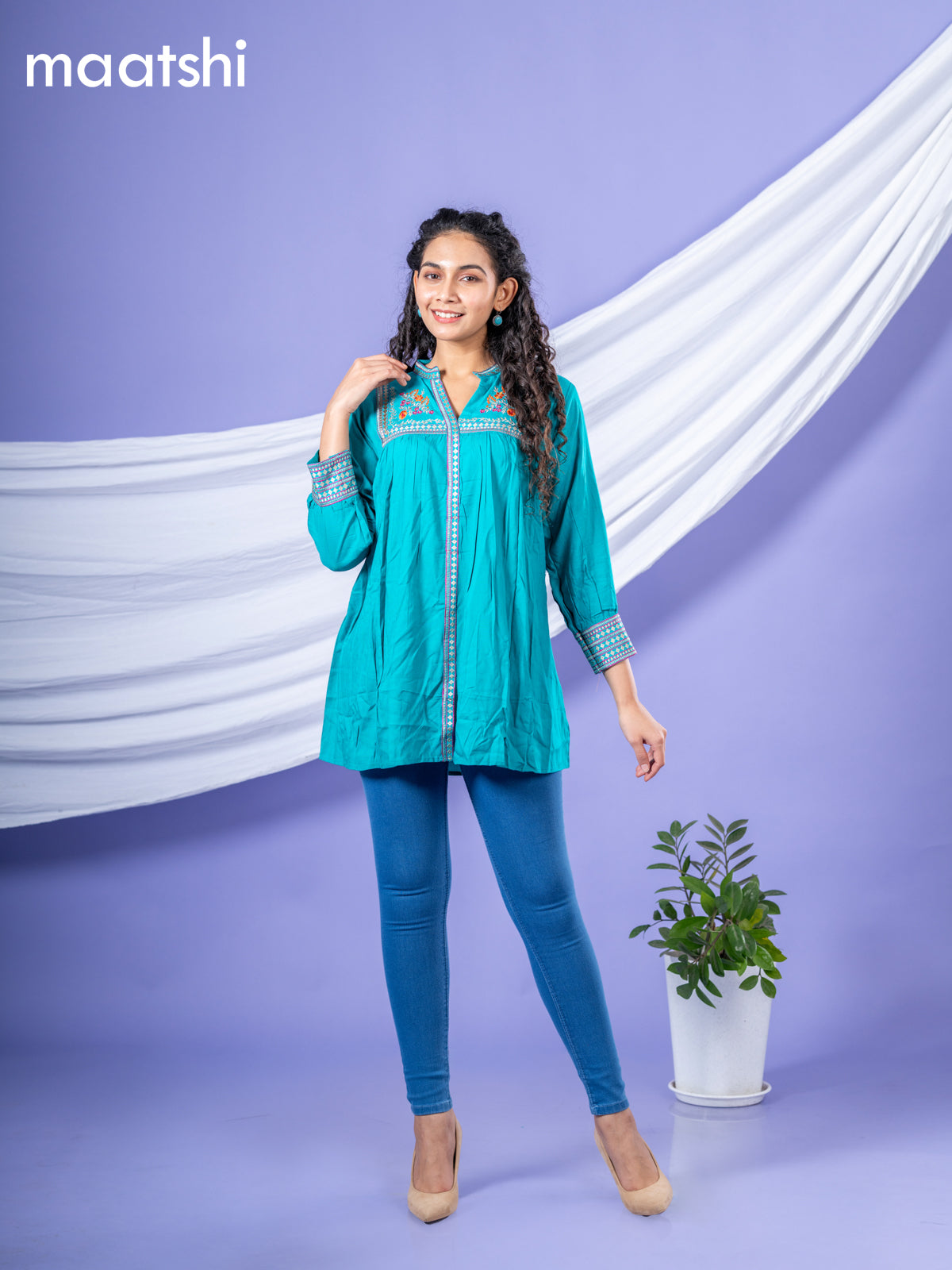 Cotton short kurti teal green with plain body & embroidery work collar neck pattern and without pant