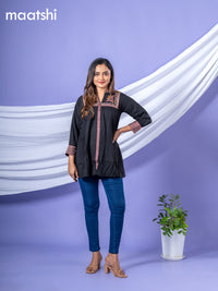 Cotton short kurti black with plain body & embroidery work collar neck pattern and without pant