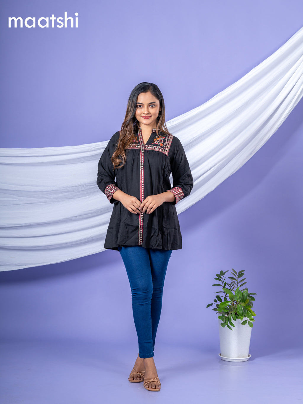 Cotton short kurti black with plain body & embroidery work collar neck pattern and without pant