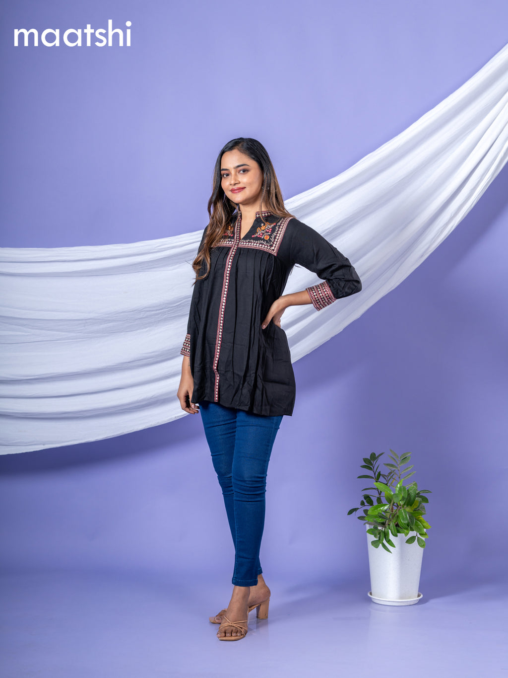 Cotton short kurti black with plain body & embroidery work collar neck pattern and without pant
