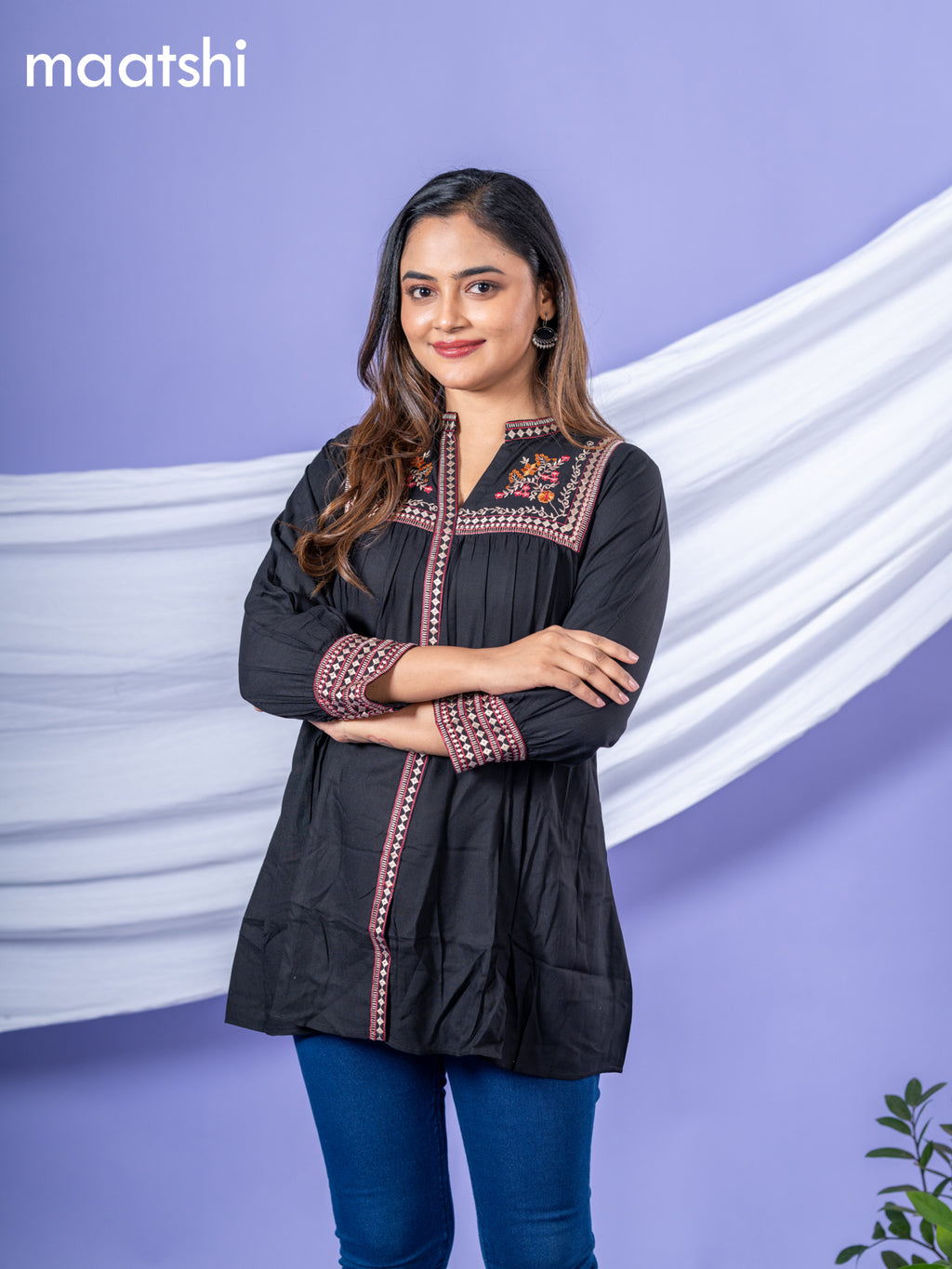 Cotton short kurti black with plain body & embroidery work collar neck pattern and without pant
