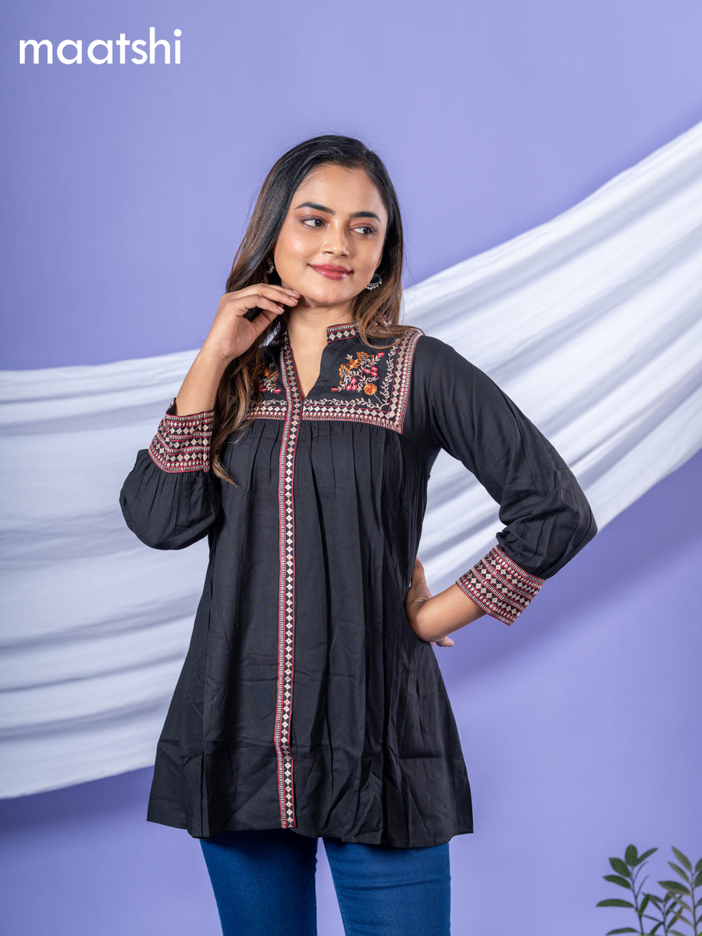 Cotton short kurti black with plain body & embroidery work collar neck pattern and without pant