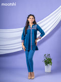 Cotton readymade short kurti peacock blue with plain body & embroidery work collar neck pattern and without pant