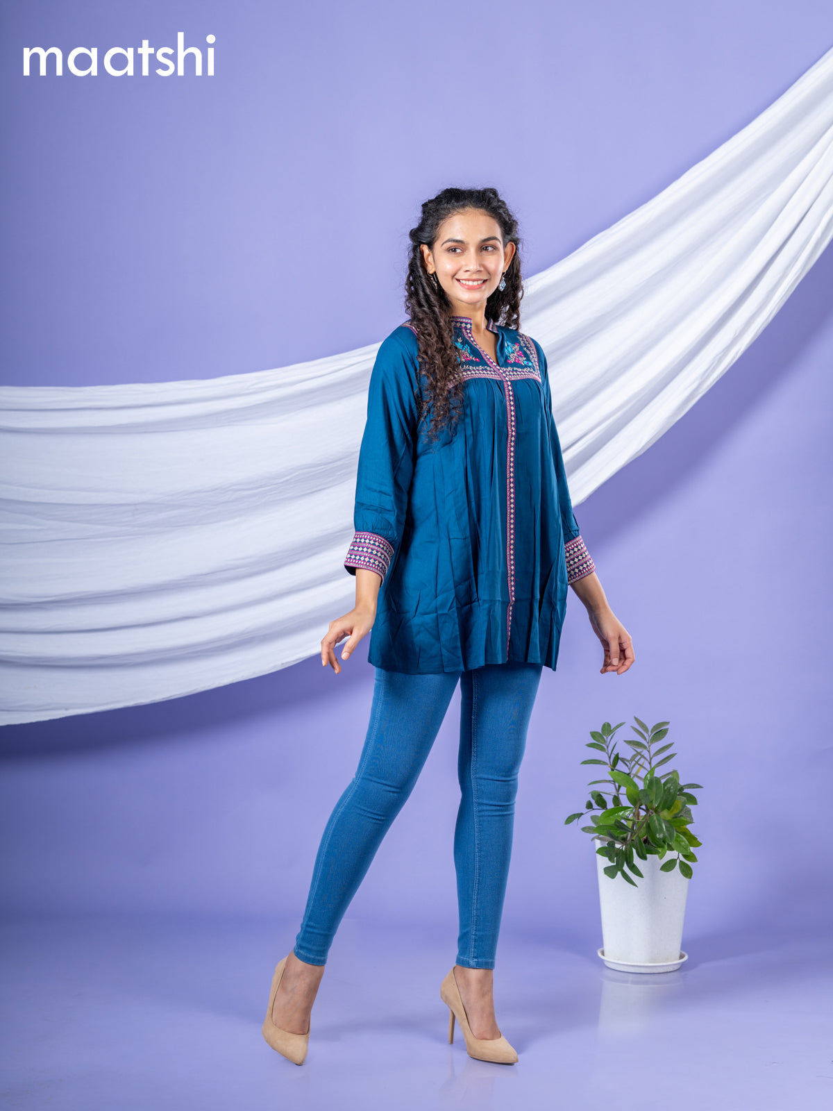 Cotton short kurti peacock blue with plain body & embroidery work collar neck pattern and without pant