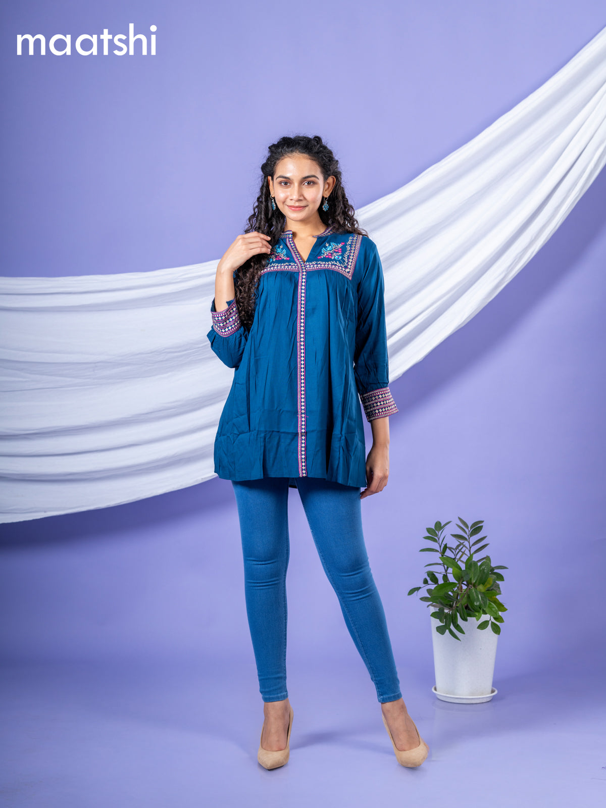 Cotton short kurti peacock blue with plain body & embroidery work collar neck pattern and without pant