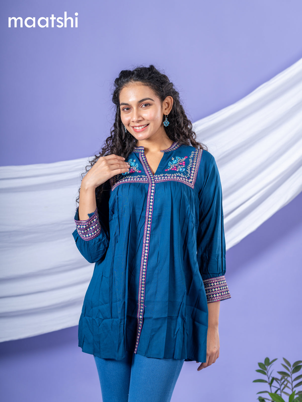 Cotton short kurti peacock blue with plain body & embroidery work collar neck pattern and without pant