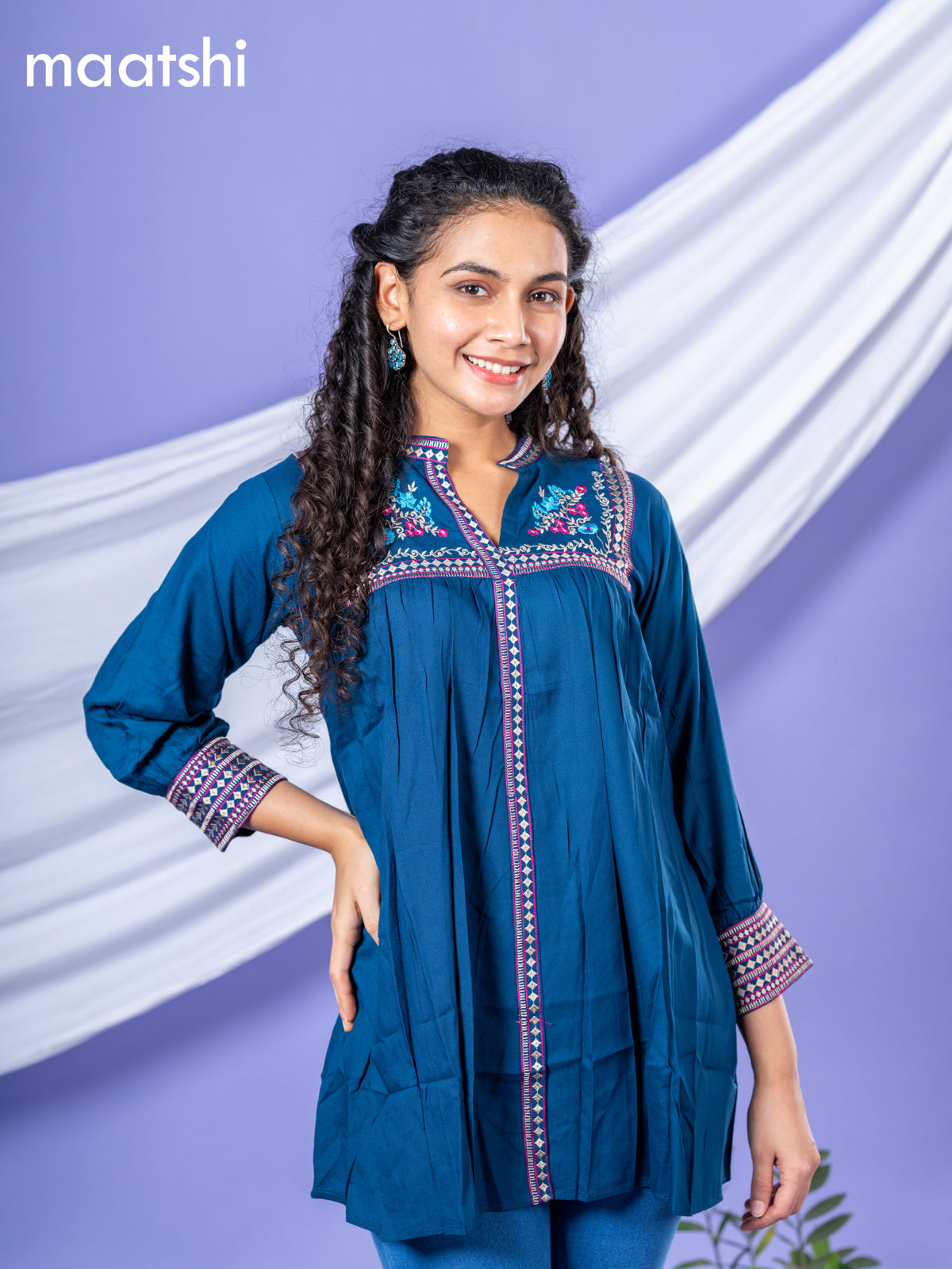 Cotton short kurti peacock blue with plain body & embroidery work collar neck pattern and without pant