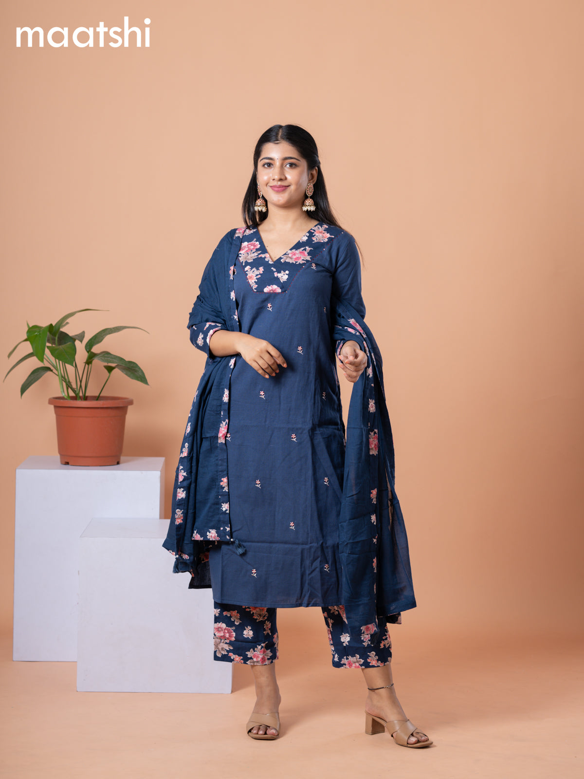 Cotton readymade salwar suit navy blue and pink with embroidery work buttas & v neck pattern and straight cut pant & dupatta