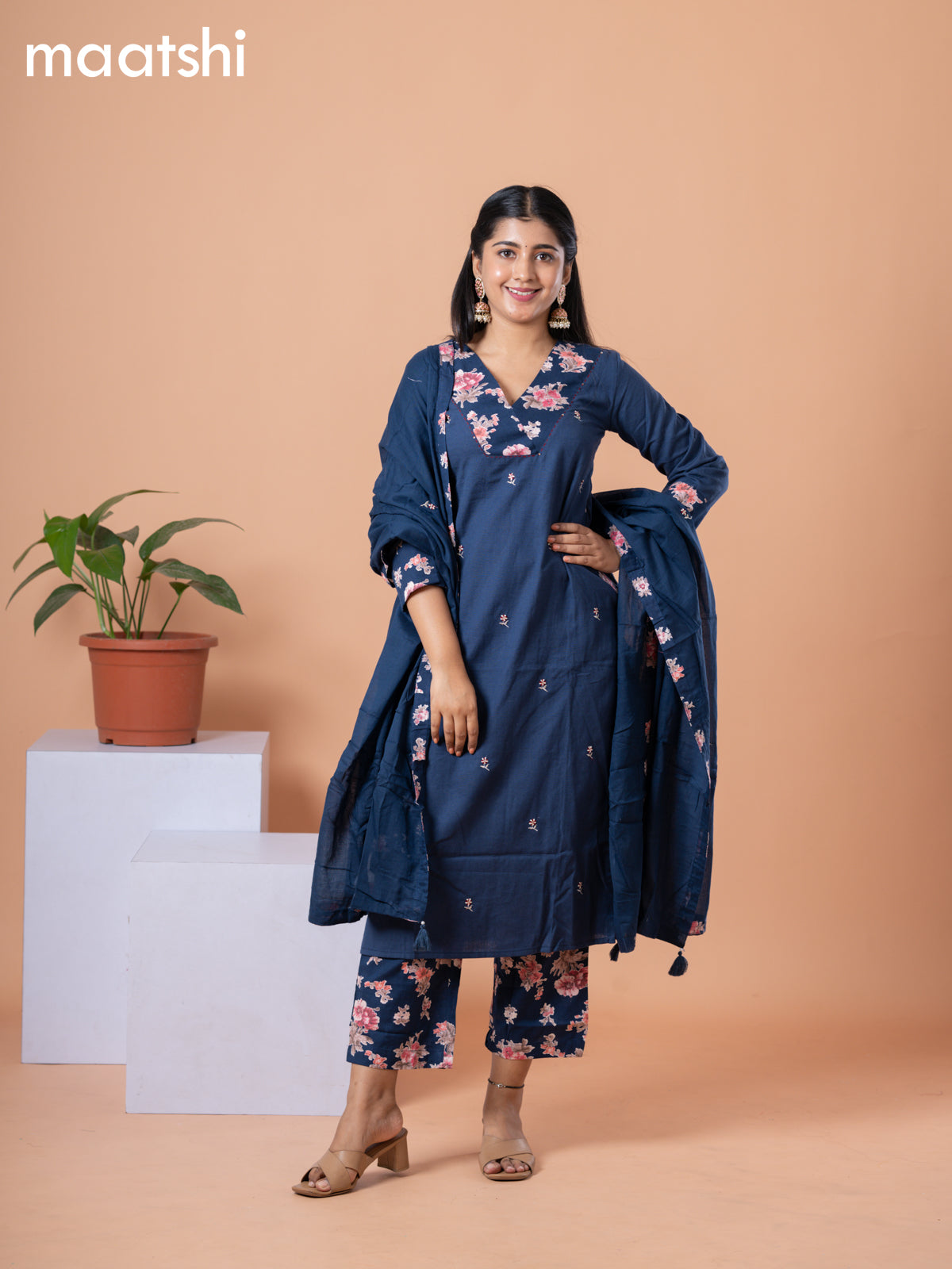 Cotton readymade salwar suit navy blue and pink with embroidery work buttas & v neck pattern and straight cut pant & dupatta