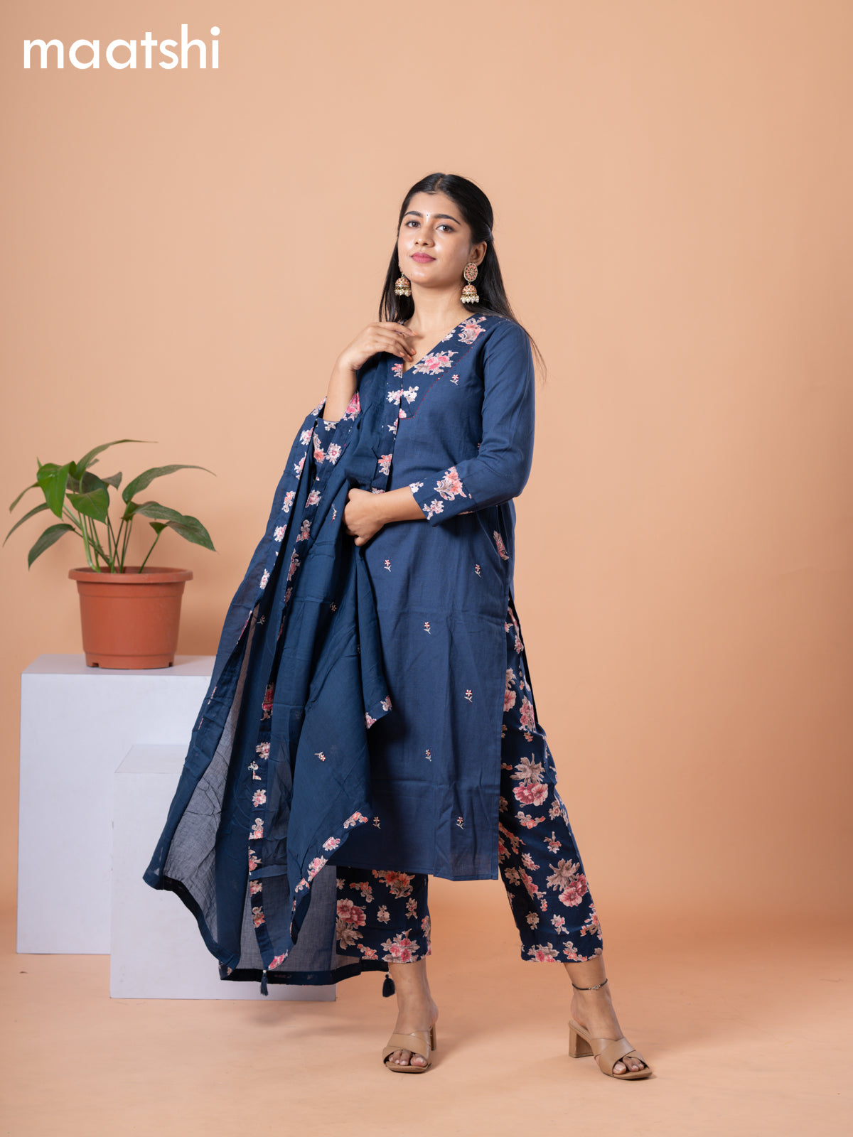 Cotton readymade salwar suit navy blue and pink with embroidery work buttas & v neck pattern and straight cut pant & dupatta