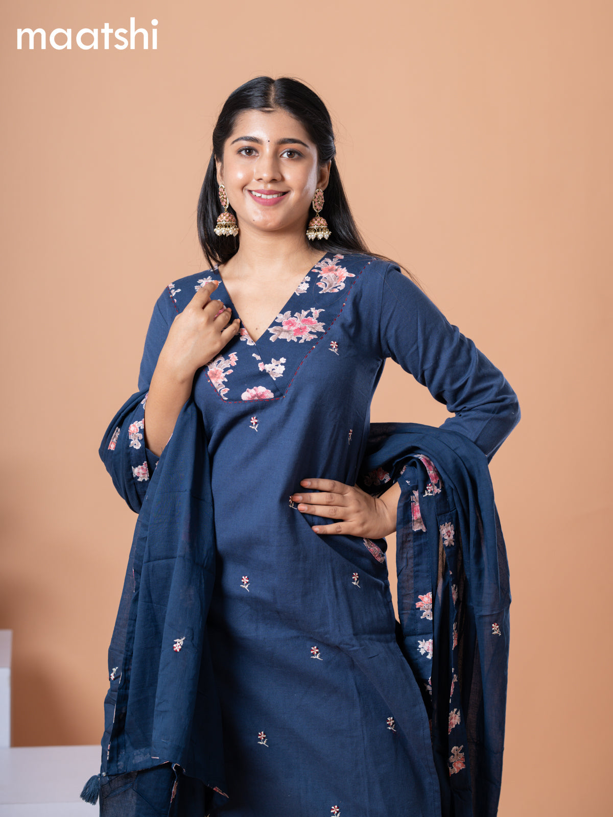 Cotton readymade salwar suit navy blue and pink with embroidery work buttas & v neck pattern and straight cut pant & dupatta