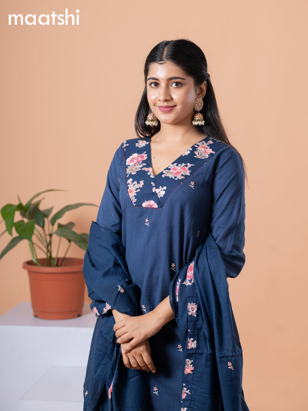 Cotton readymade salwar suit navy blue and pink with embroidery work buttas & v neck pattern and straight cut pant & dupatta