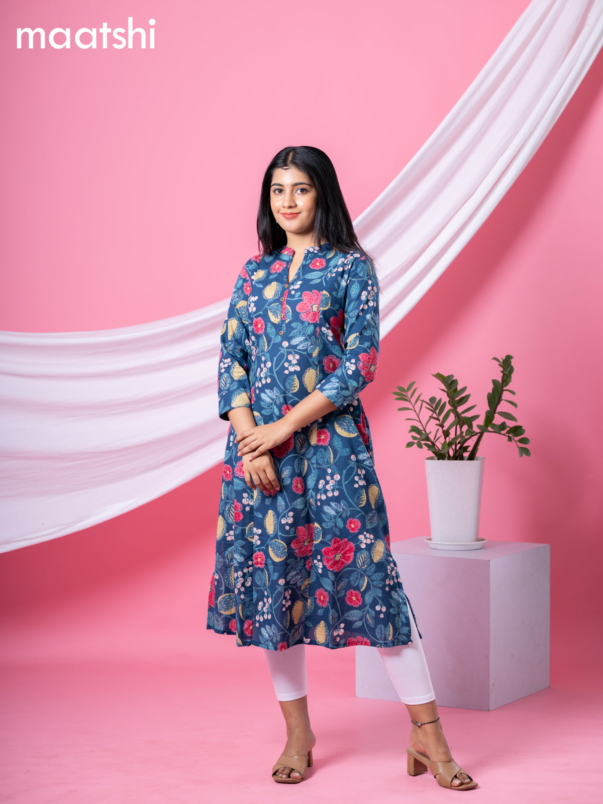 Cotton readymade A-line kurti peacock blue and multi colour with allover floral prints & collar neck pattern and without pant