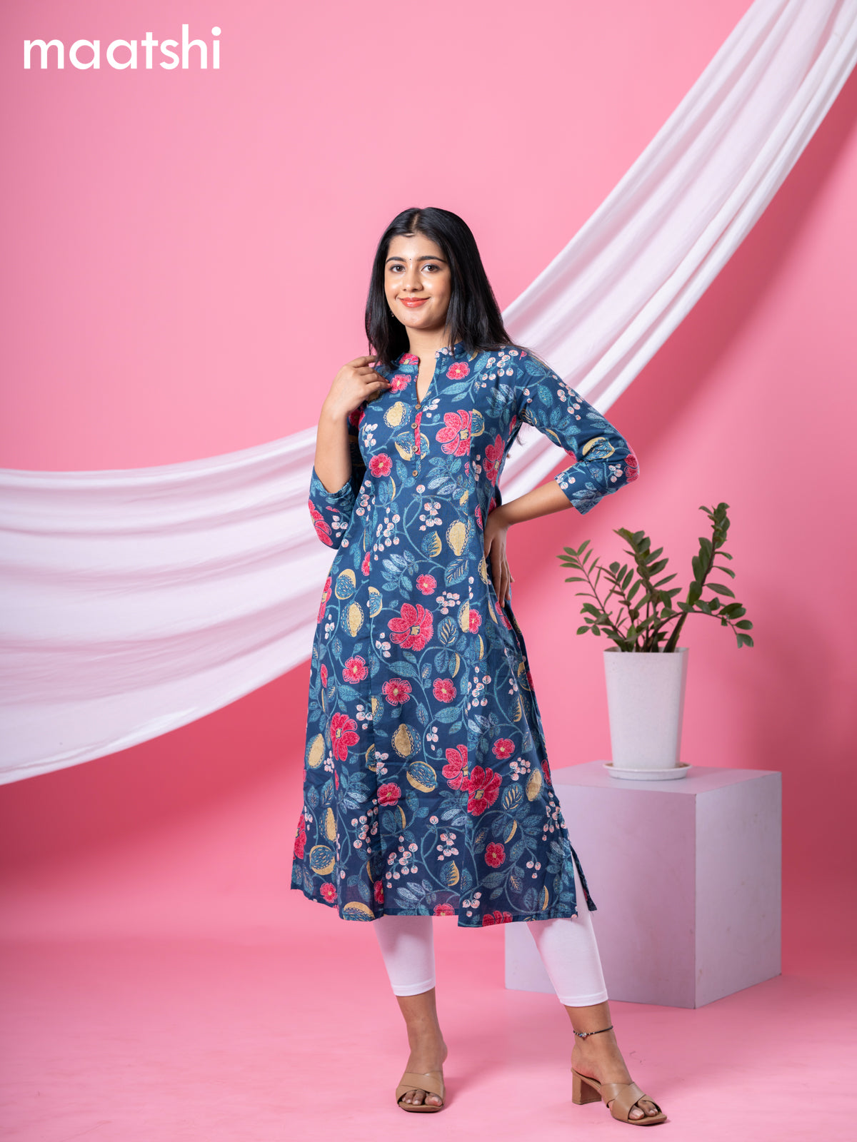 Cotton readymade A-line kurti peacock blue and multi colour with allover floral prints & collar neck pattern and without pant
