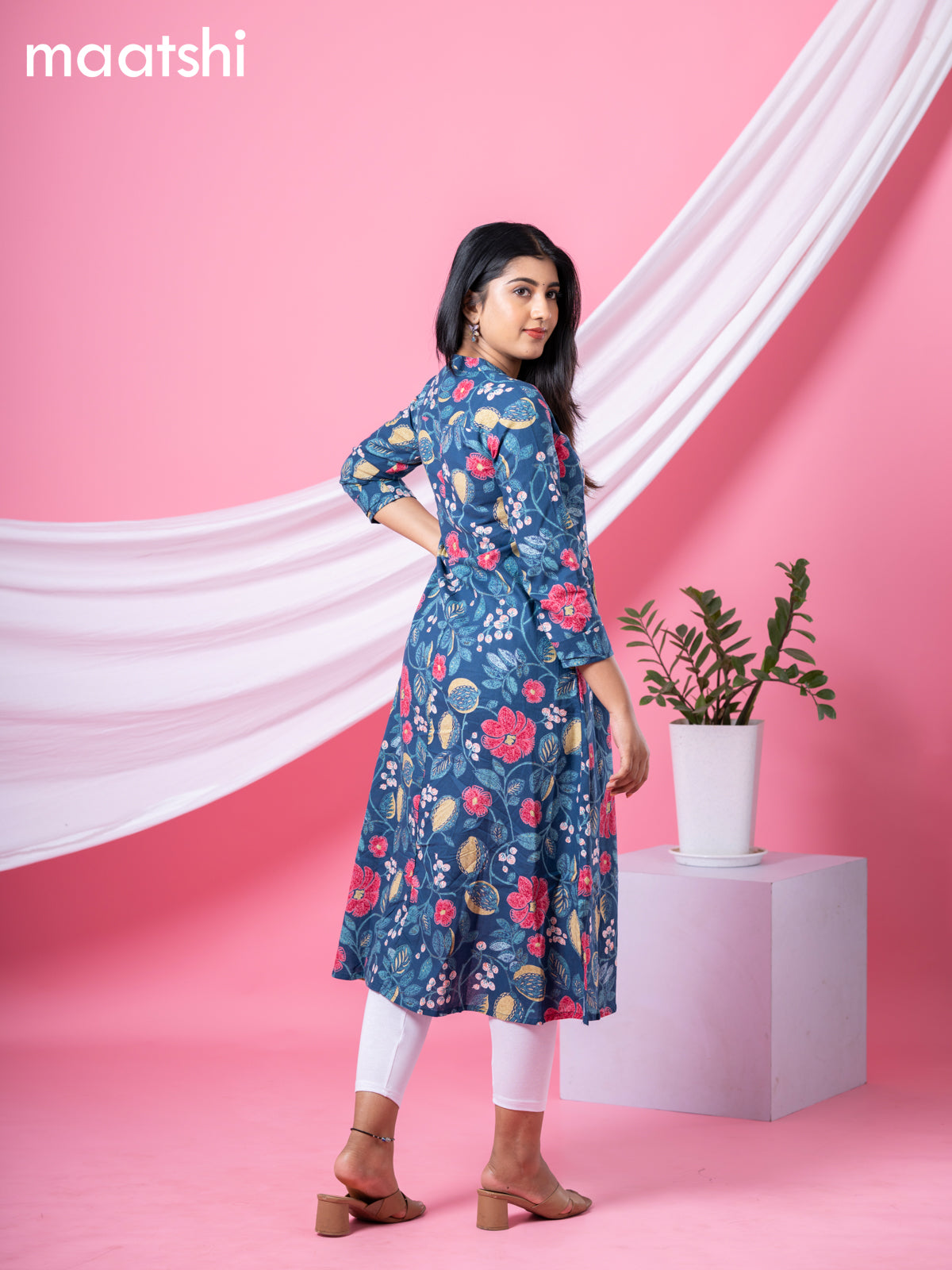 Cotton readymade A-line kurti peacock blue and multi colour with allover floral prints & collar neck pattern and without pant