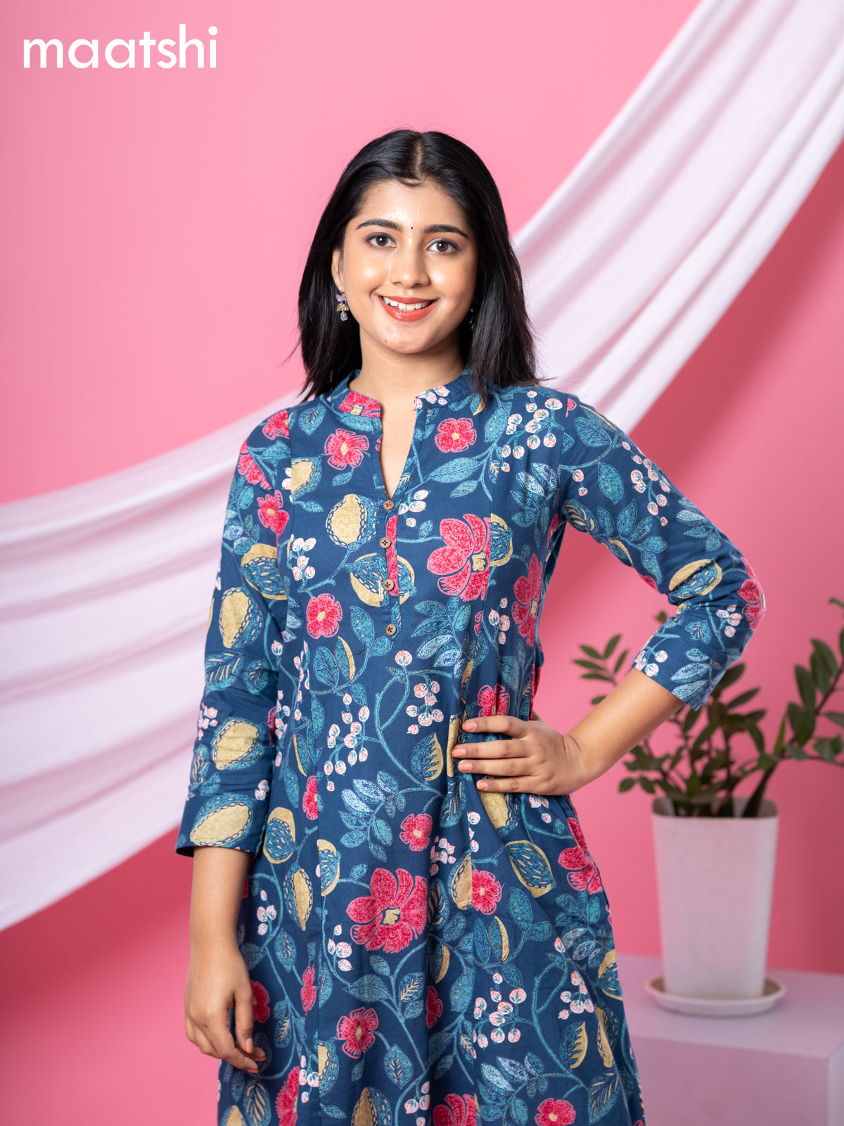 Cotton readymade A-line kurti peacock blue and multi colour with allover floral prints & collar neck pattern and without pant