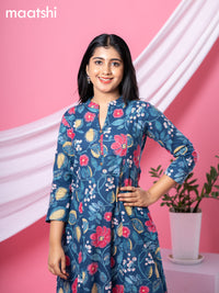 Cotton readymade A-line kurti peacock blue and multi colour with allover floral prints & collar neck pattern and without pant