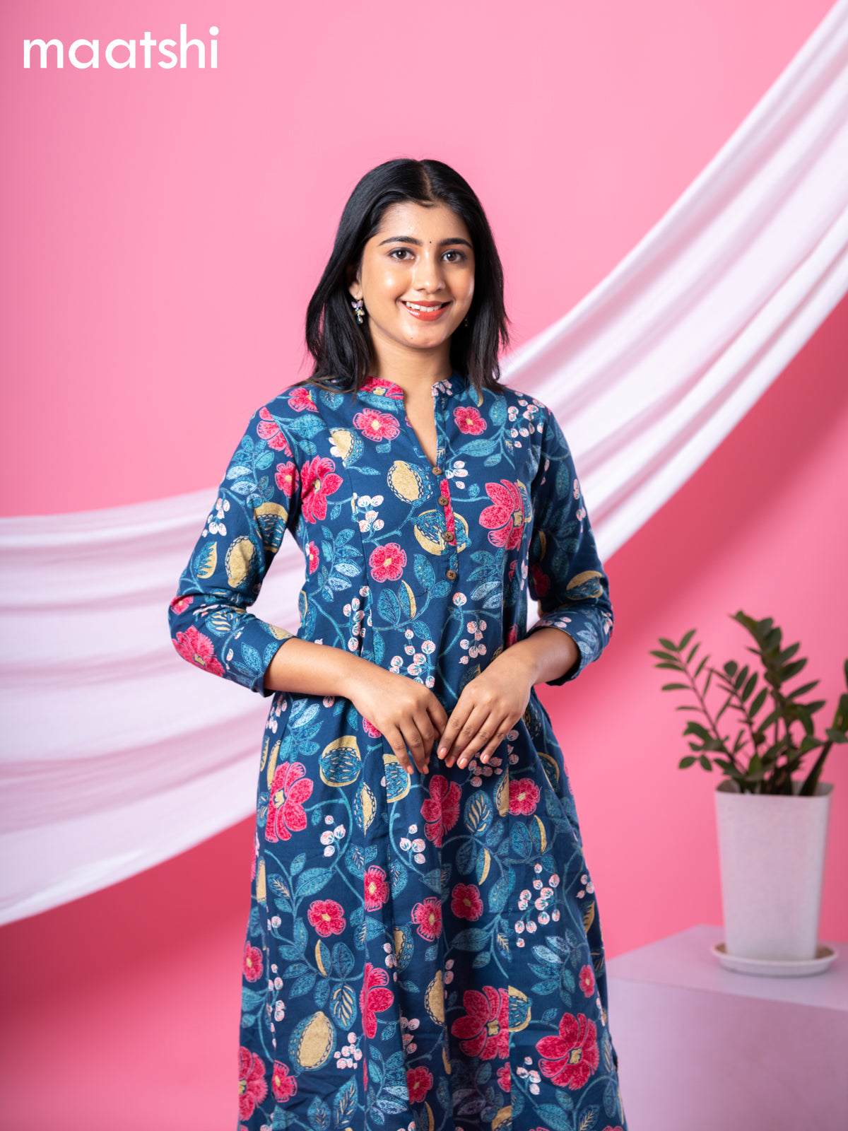 Cotton readymade A-line kurti peacock blue and multi colour with allover floral prints & collar neck pattern and without pant